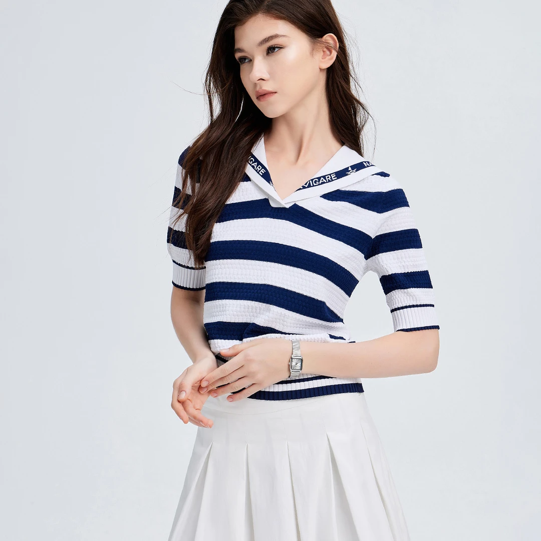 navigare意大利小帆船蓝白条纹海军领短袖T恤女肌理感针织上衣