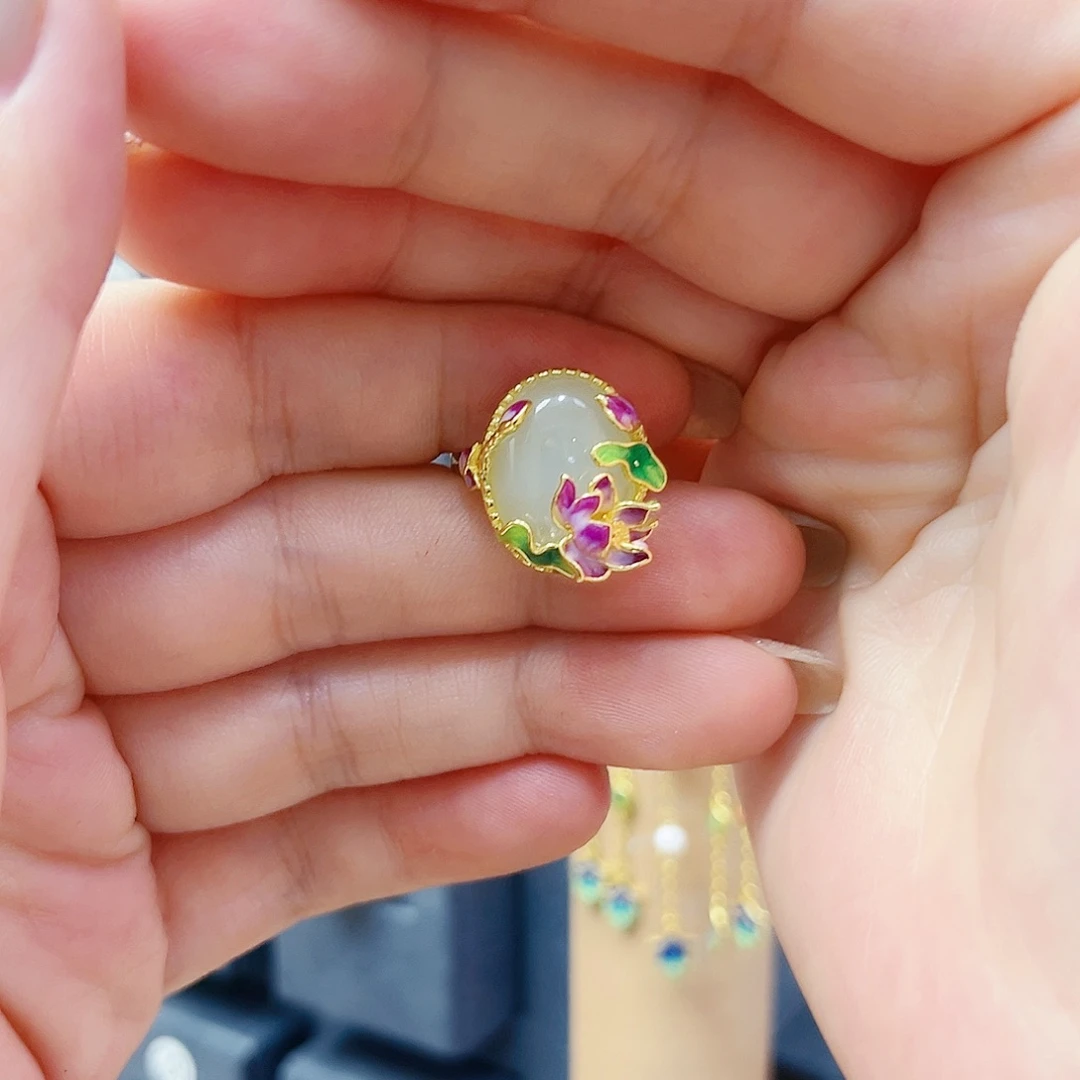 和田玉银S925镀金镶嵌戒指