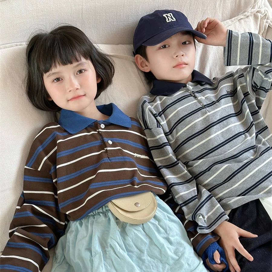 儿童条纹POLO衫时尚秋装上衣男童女童韩版中小童撞色翻领T恤卫衣