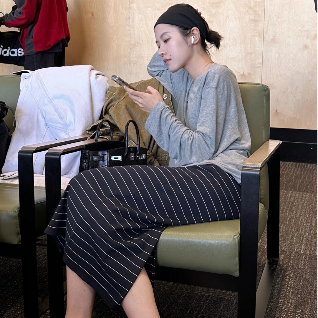 DE Mincollection条纹半裙/撞色松紧腰后开叉休闲直筒半身裙