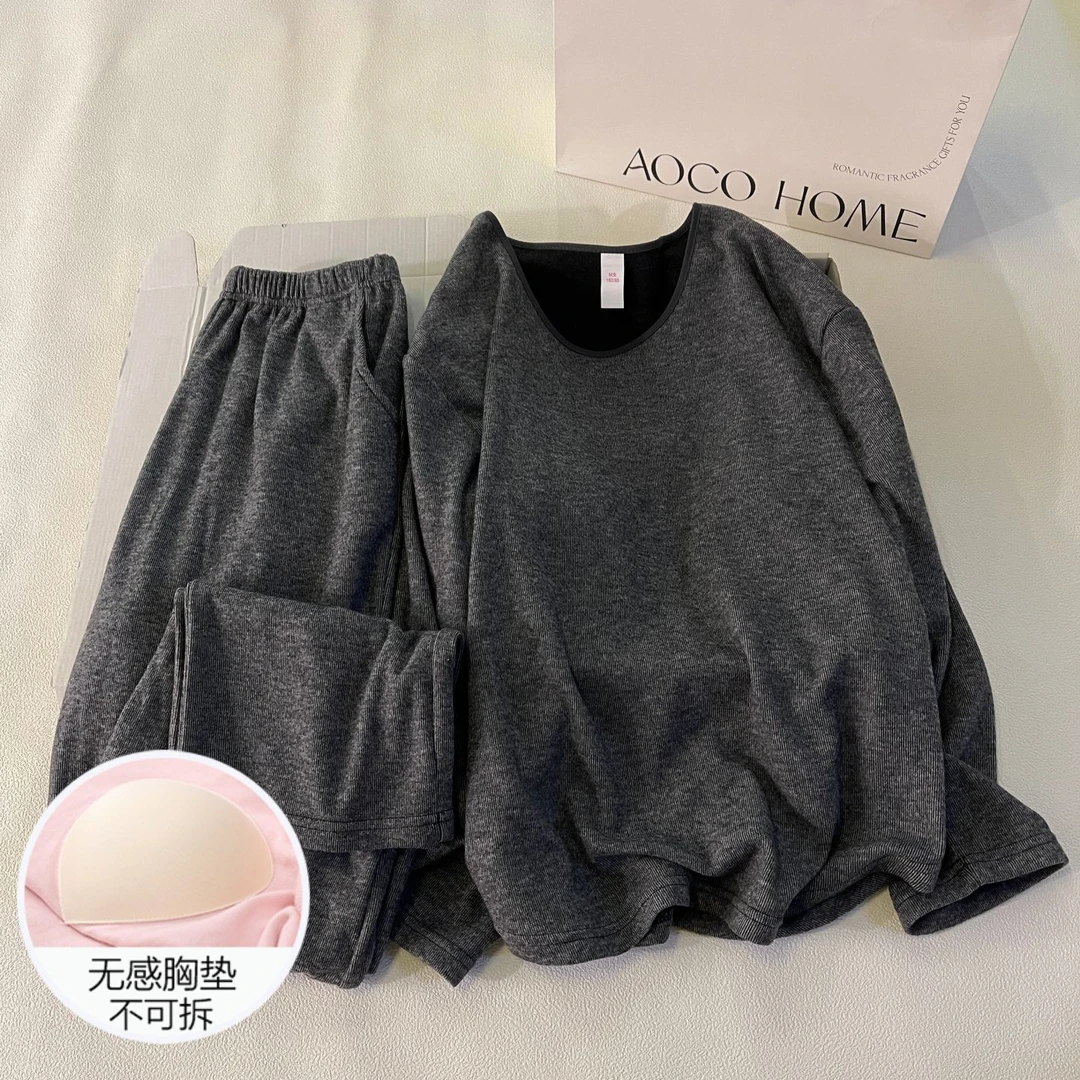 睡衣女士秋冬季长袖保暖带胸垫2025新款大码黑色套装设计感家居服