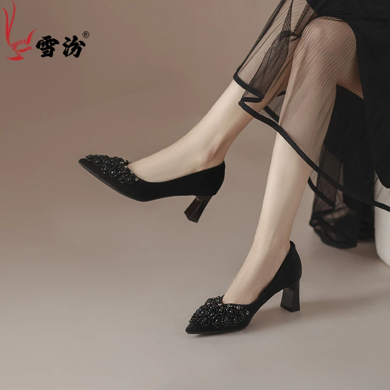 透气耐磨防滑舒适累脚方头黑色百搭尖头气质粗跟高跟鞋|方根单