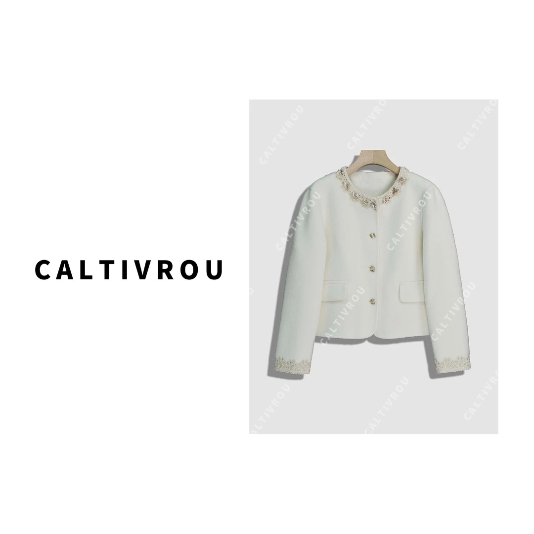 【媛媛】【绵羊毛+骆驼绒】时尚高级感重工钉珠百搭毛呢外套-Y19112