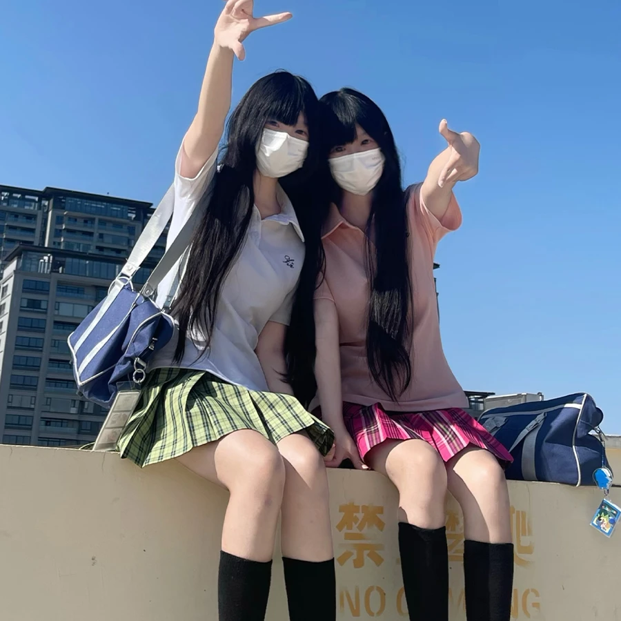 北璃酱jk原创制服收腰polo衫短袖格裙套装夏季穿搭校供百搭学院风