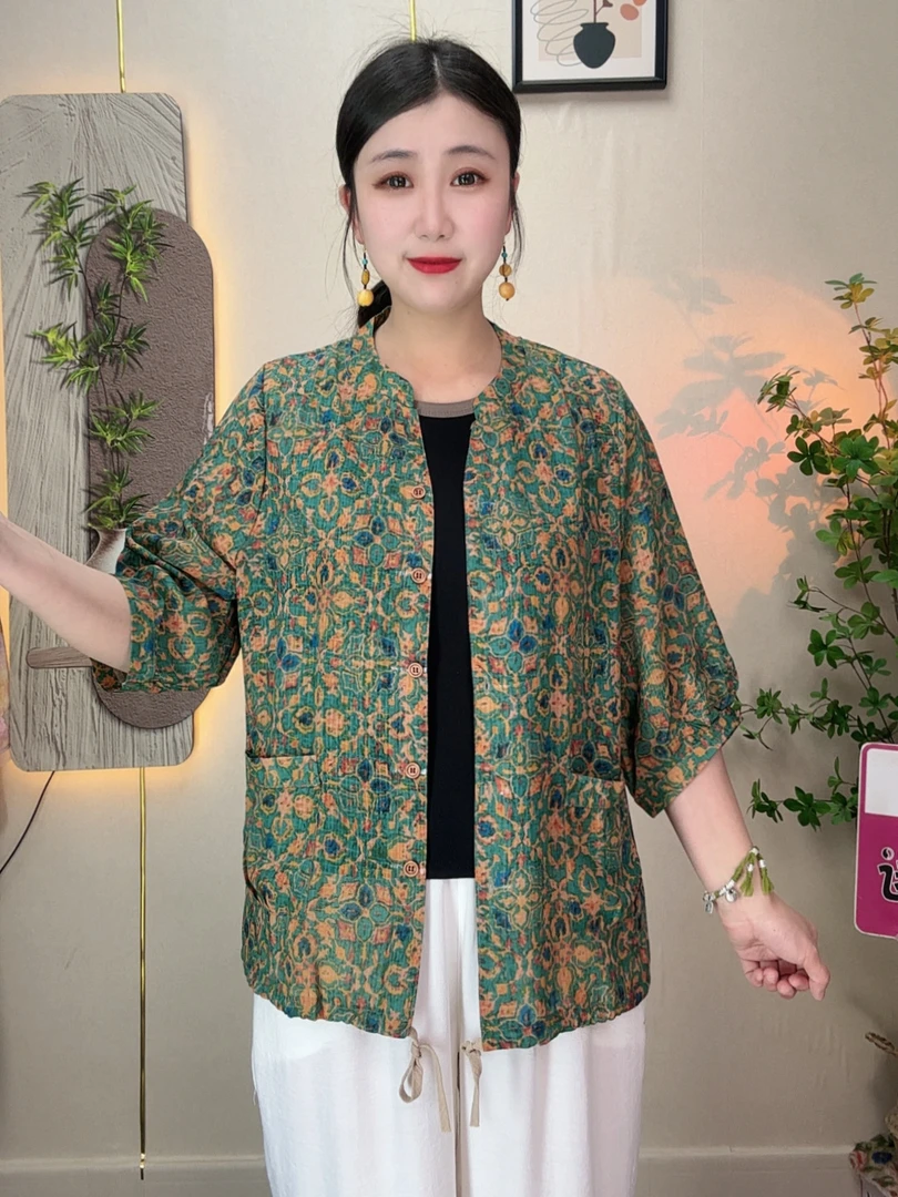 夏季新款七分袖印花开衫外套宽松轻薄透气百搭上衣
