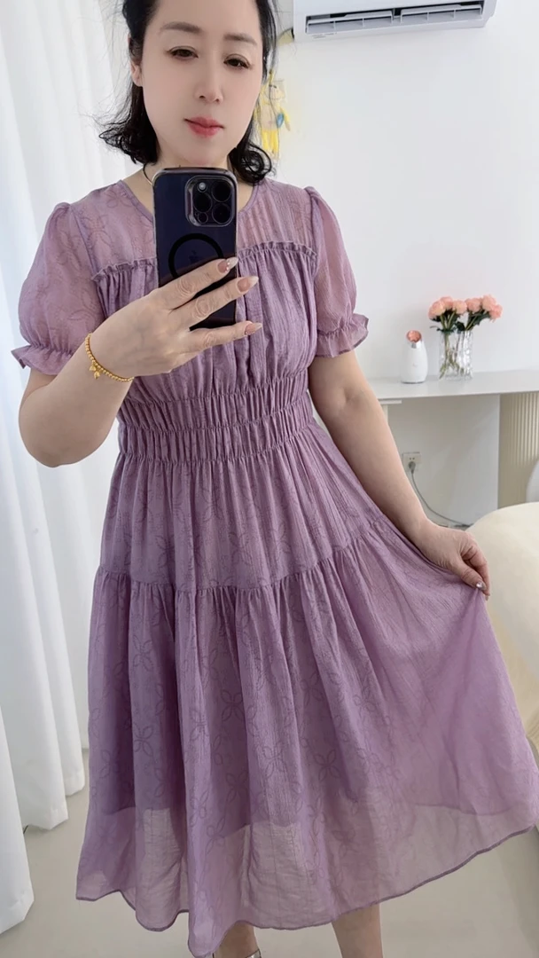 紫色气质连衣裙印花设计修身显瘦优雅长裙夏季穿搭