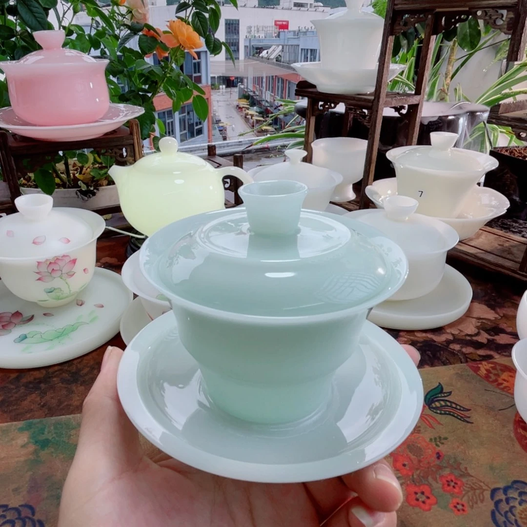 冰晶璞玉天青色等烟雨竹节盖碗150ml