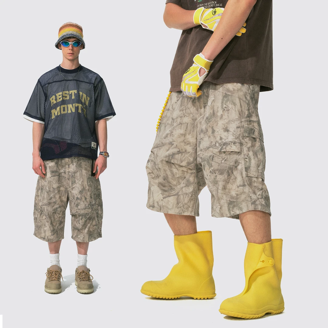 瞬时山野Monterest户外格型全棉宽松ykk麦穗扣水洗做旧七分短裤男