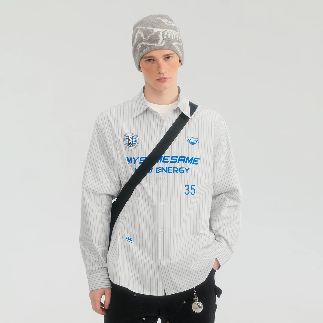 MYSAMESAME25SS思高洁透气棉条纹印花长袖衬衫宽松小众翻领S108