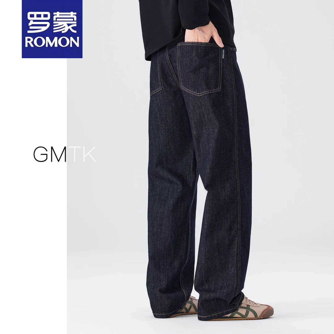 罗蒙原色牛仔裤男宽松直筒加绒加厚休闲男士2025秋冬新款阔腿裤