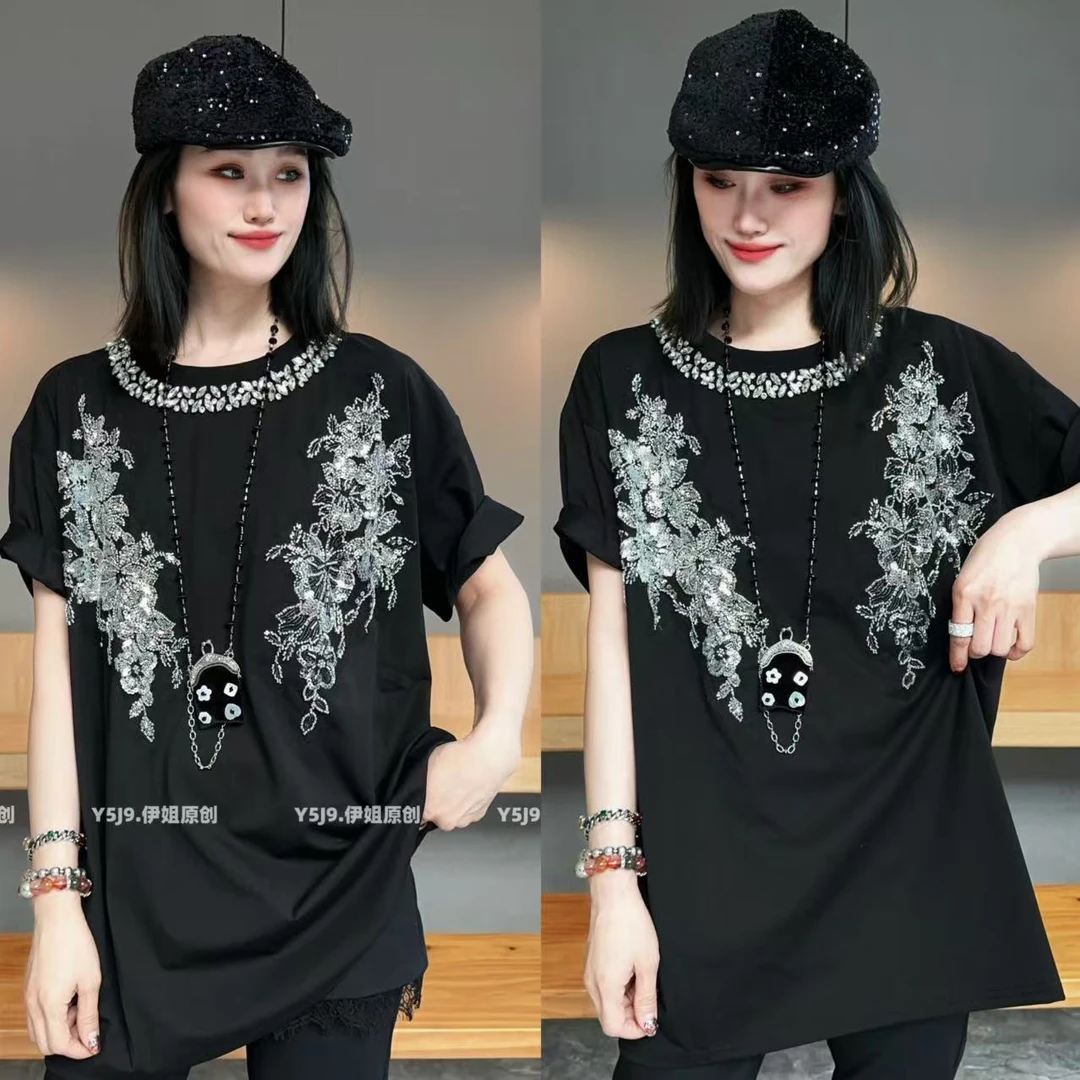 【YJ·高定】2025春夏宽松百搭珠片拼接中长款薄款显瘦半袖女 YY1850