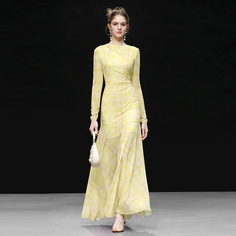 DF-秋新气质富家千金风印花晕染一字领修身荷叶边连衣裙HC35117F