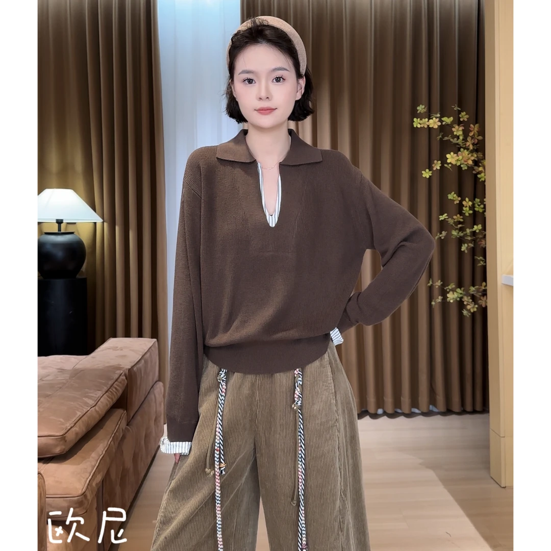 欧尼私服 2025早秋小众设计款假两件撞色拼接条纹针织衫2502C157