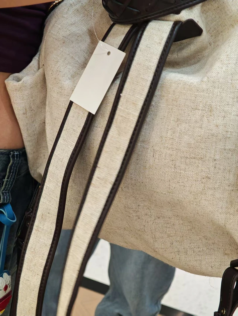 YUSHA/高档杏色黄麻手工抽绳双肩包-50355