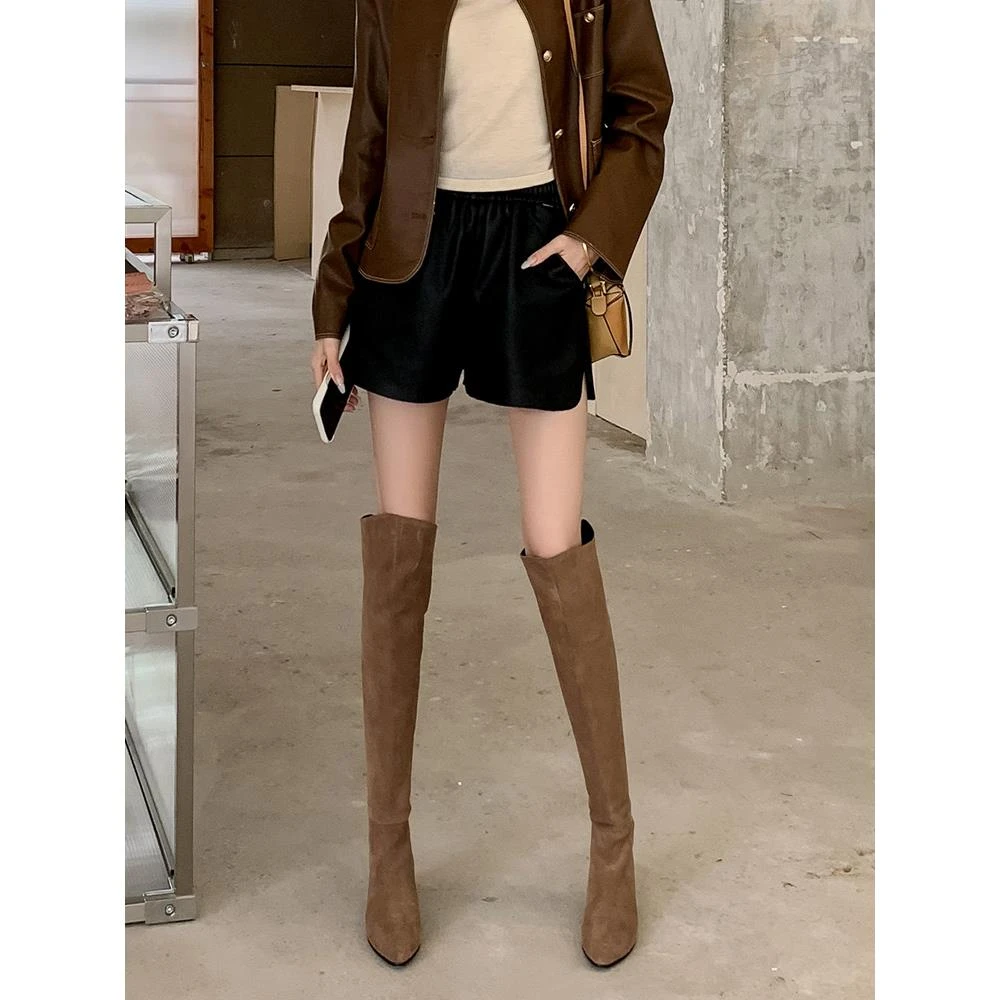 美拉德长靴女2025年冬季真皮气质尖头内增高过膝靴高跟棕色长筒靴