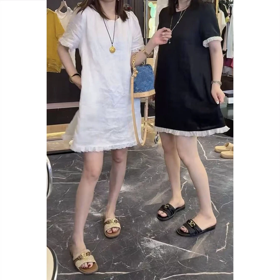 艾塔莉夏季薄款时尚花边连衣裙气质polo圆领气质长裙纯色百搭修身