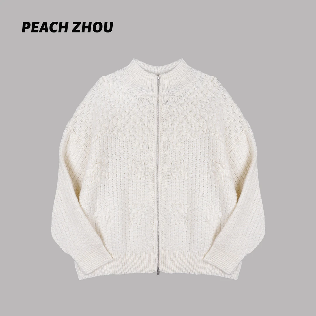 『PEACHZHOU』羊毛不规则编织格纹宽松立领针织拉链外套毛衣开衫女