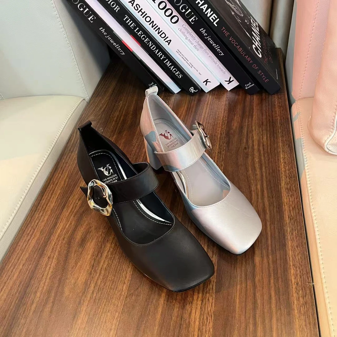 范戈希6CM牛羊皮金属扣方头百搭女士黑色高跟时尚方头跟鞋买1赠3