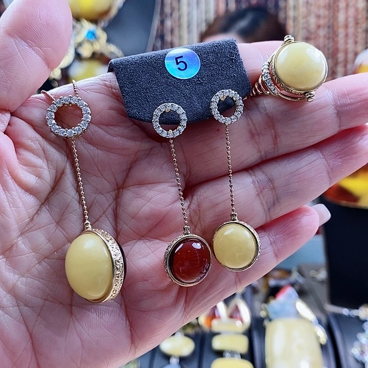 琥珀颈饰银S925镶嵌套装