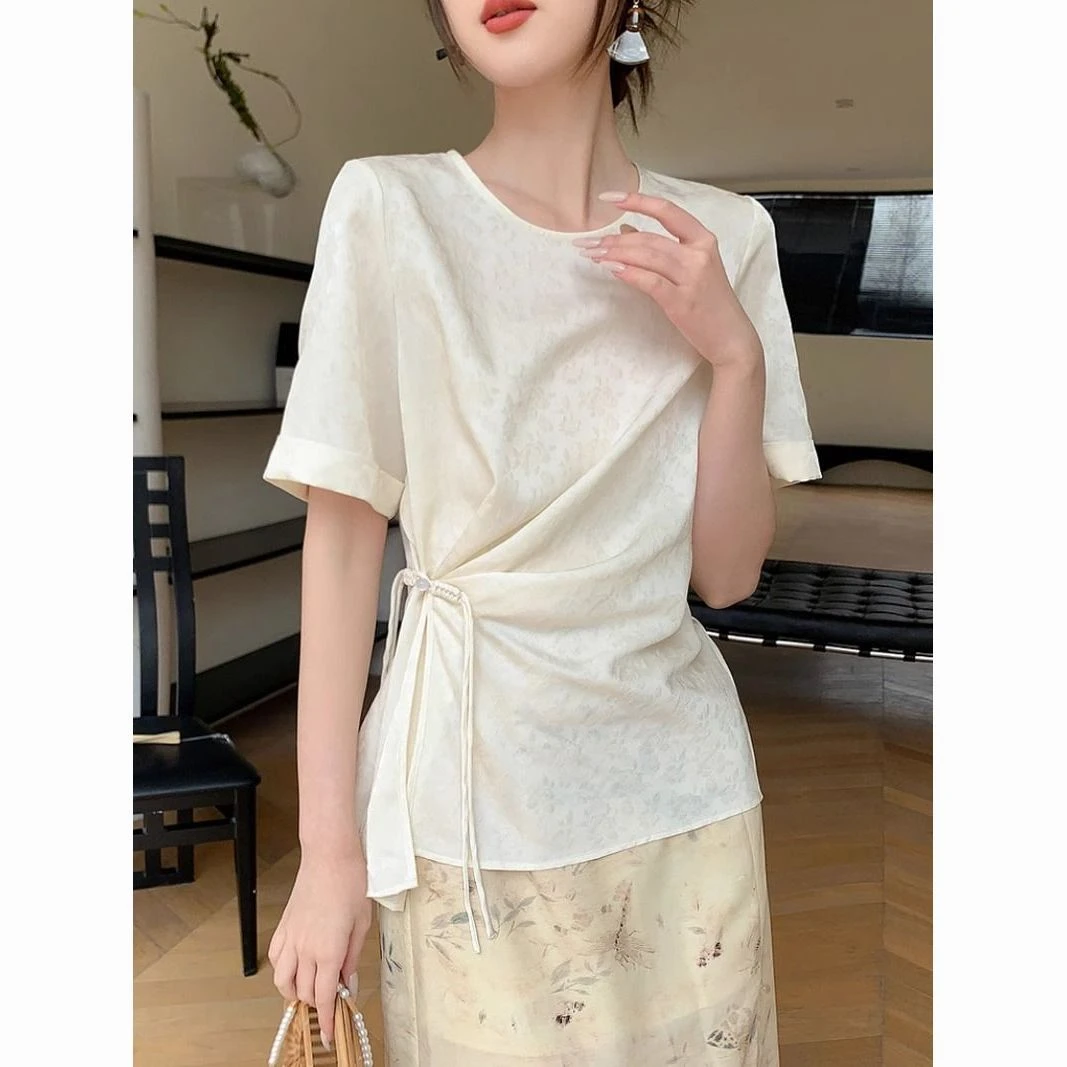 大码时尚国风盘扣设计短袖衬衫女夏新款休闲圆领提花简约小衫上衣