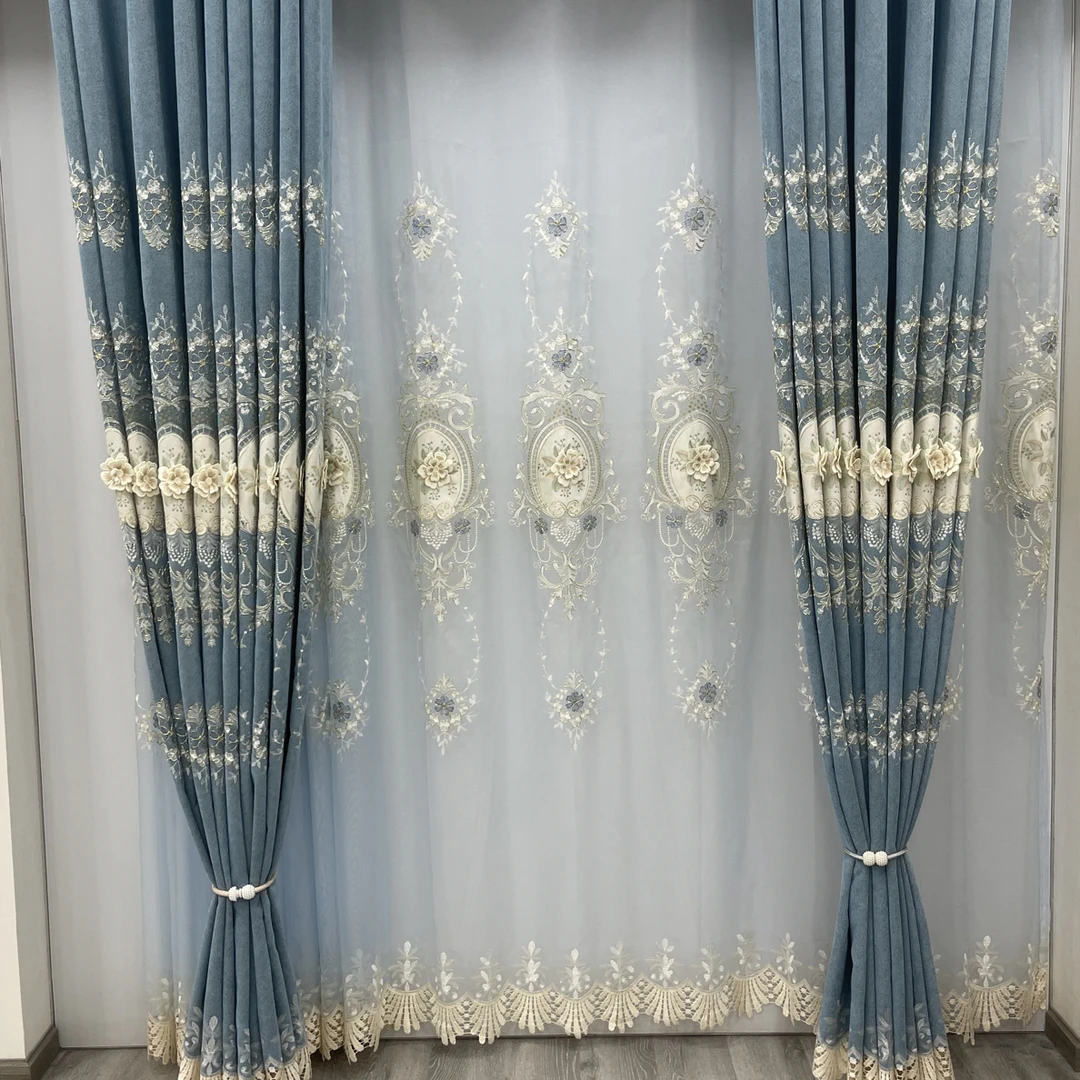 3.1米高雪尼尔灰蓝色重工浮雕绣花客厅卧室两用窗帘