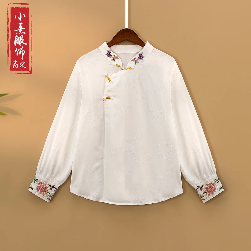 【沐菡】春季2025新款上衣小衫女装新中式国风立领绣花气质长袖衬衫