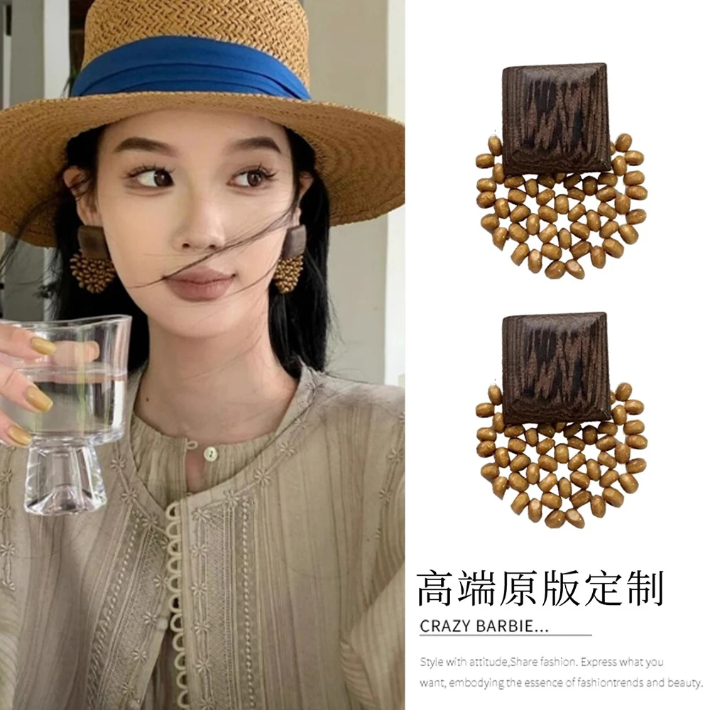 非金属木质耳饰 复古木珠编织几何耳环高级感气质耳钉度假风耳饰