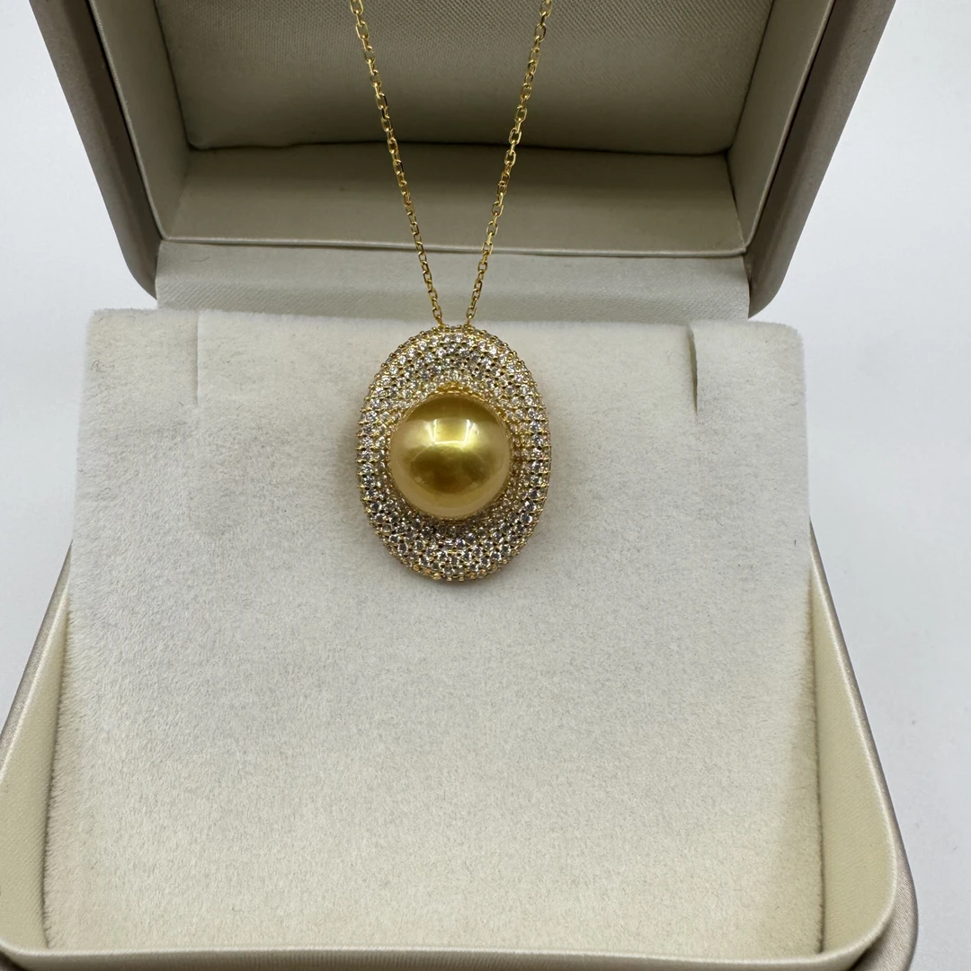 南洋金珠吊坠元宝款11mm浓茶金侧面有瑕S925银镶嵌