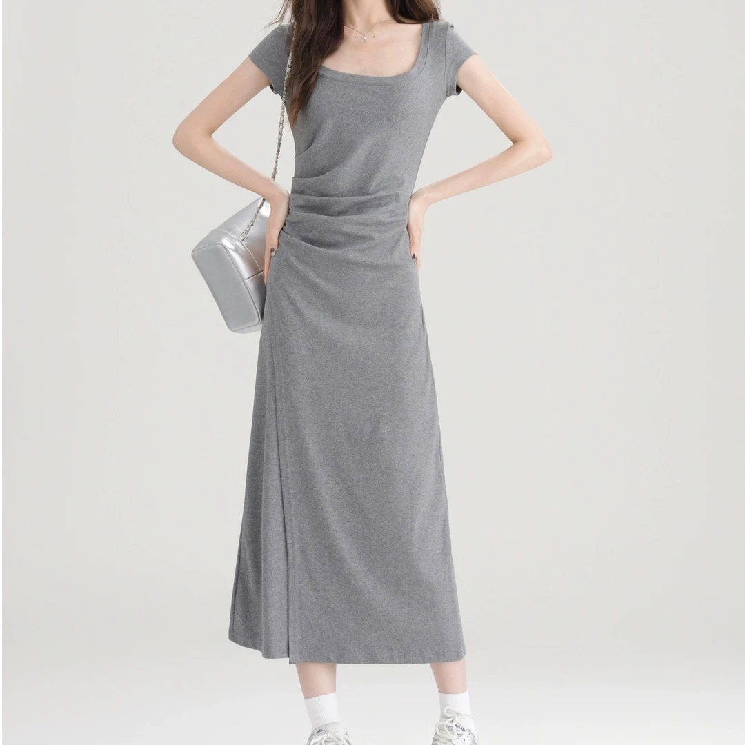 La Chapelle/拉夏贝尔开叉抽褶连衣裙收腰显瘦时尚短袖长裙0435M