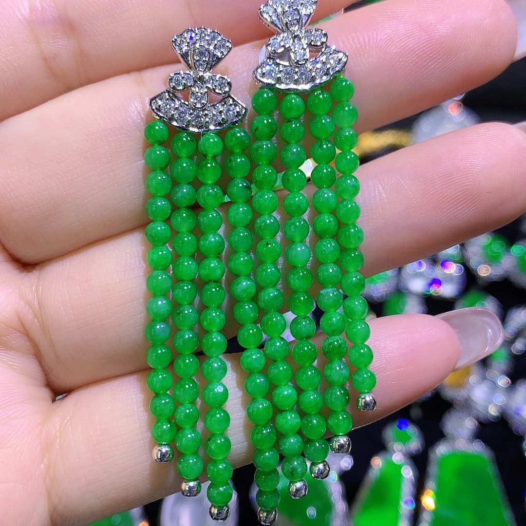 翡翠18K金镶嵌耳饰高冰满绿