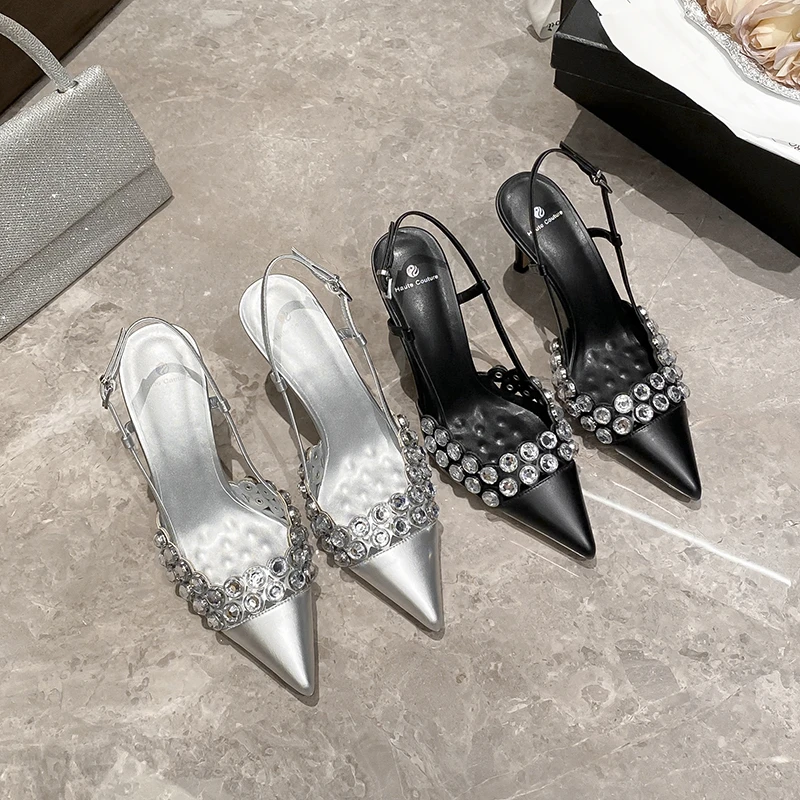 2025夏季新款一字扣带网红细跟高跟鞋包头后空时尚水钻尖头女鞋子