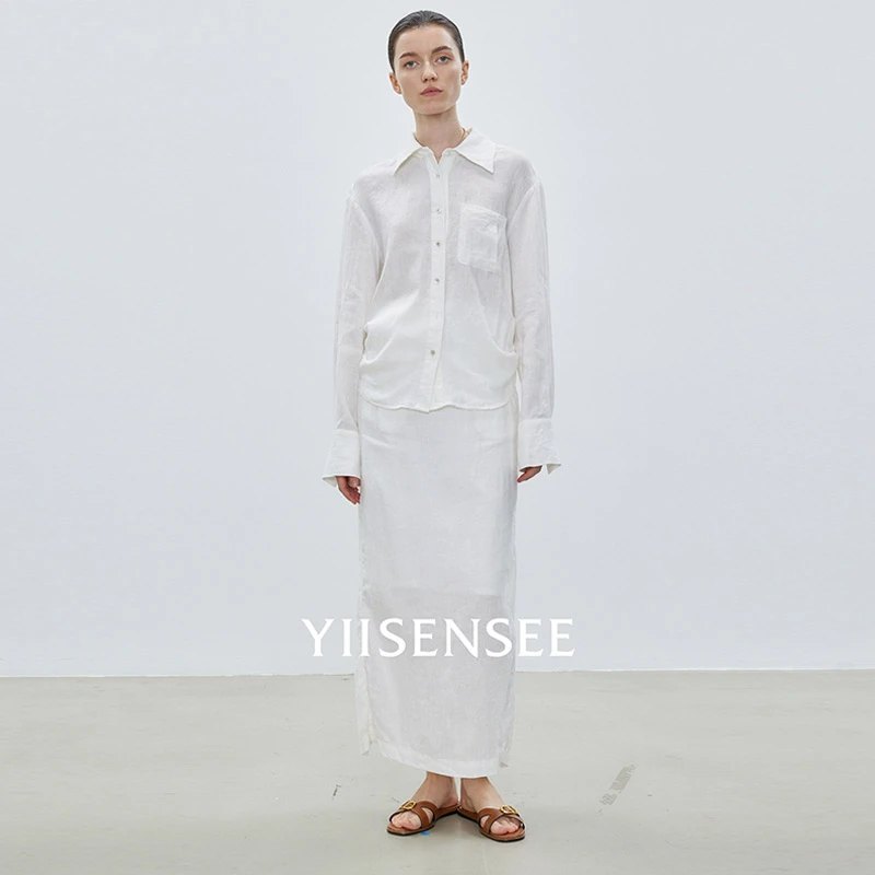 YIISENSEE逸识2025早春新品高级感老钱风亚麻长裙衬衫领半裙套装