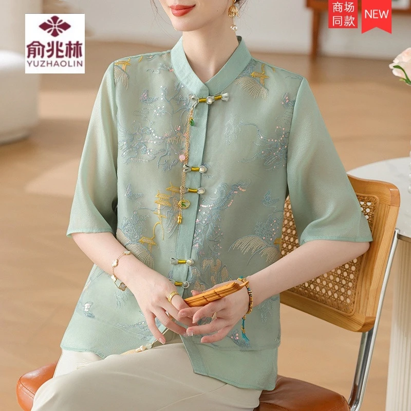 妈妈夏装套装新中式国风上衣新款洋气衬衫中老年女装夏季雪纺小衫