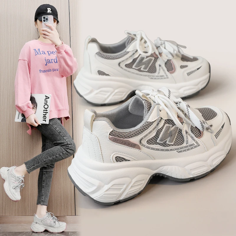 新款2025春秋季透气鞋简约休运动闲拼色厚底增高圆头女鞋