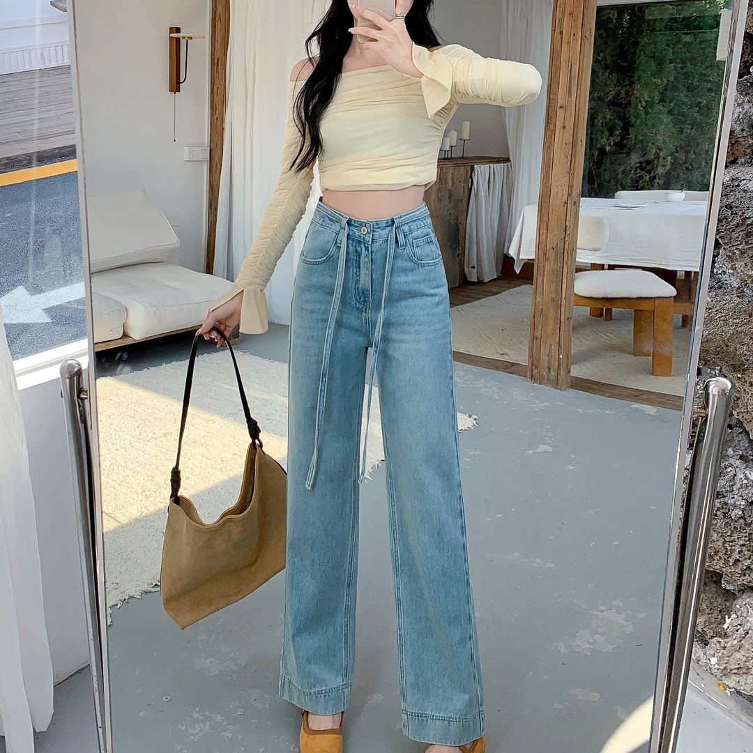 【送腰绳】8210春夏新款高腰窄版直筒牛仔裤宽松显瘦阔腿裤小个子女