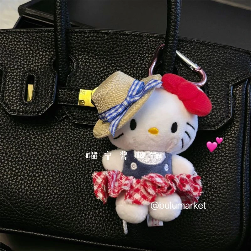 【店铺热销】草帽红裙kitty挂件背包可爱书包毛绒公仔玩偶包包挂件g