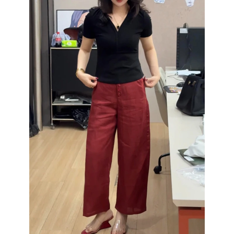 2025夏季新款显瘦多钮扣九分阔腿裤女梨形身材宽松高腰减龄休闲裤