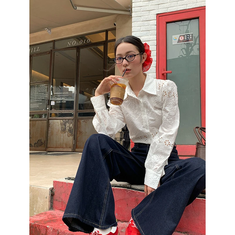 NEWOPEN 春季纯棉镂空白色长袖衬衫女高级感衬衣F1889