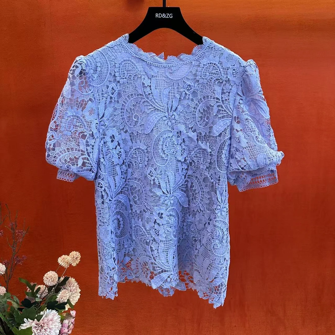 夏季新款紫罗兰意式圆领女不起球上衣时尚成人常规款衬衫气质镂空