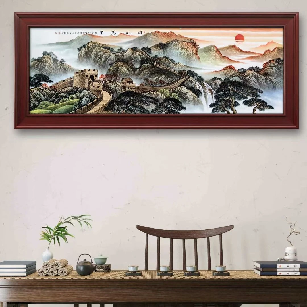 景德镇手绘国画山水画中式客厅办公室装饰墙靠山图雄风万里瓷板画