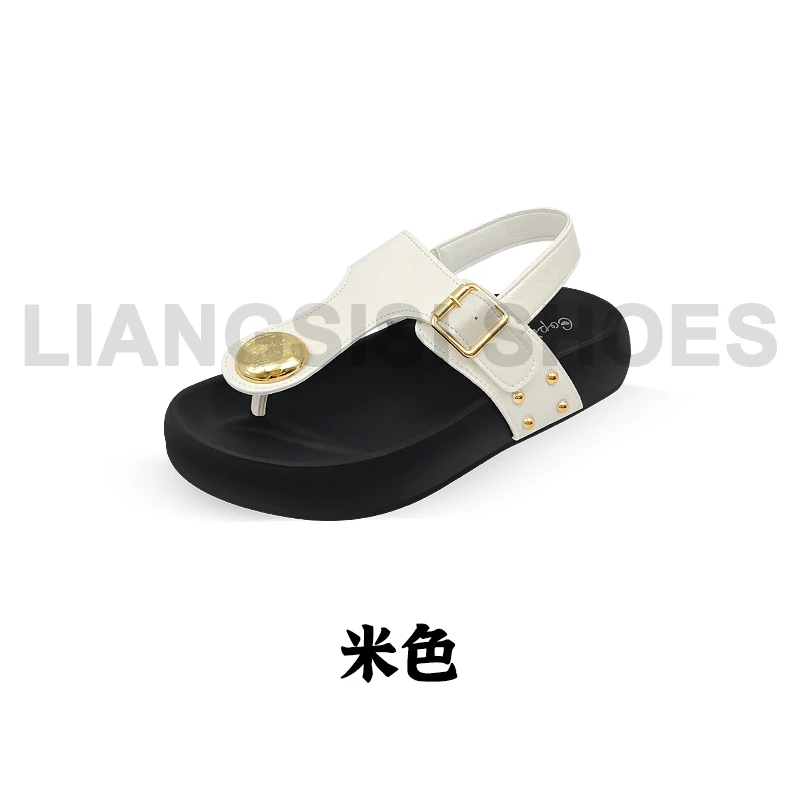 夏季女士简约休闲风金属装饰人字拖厚底平底露趾凉拖鞋-601-1