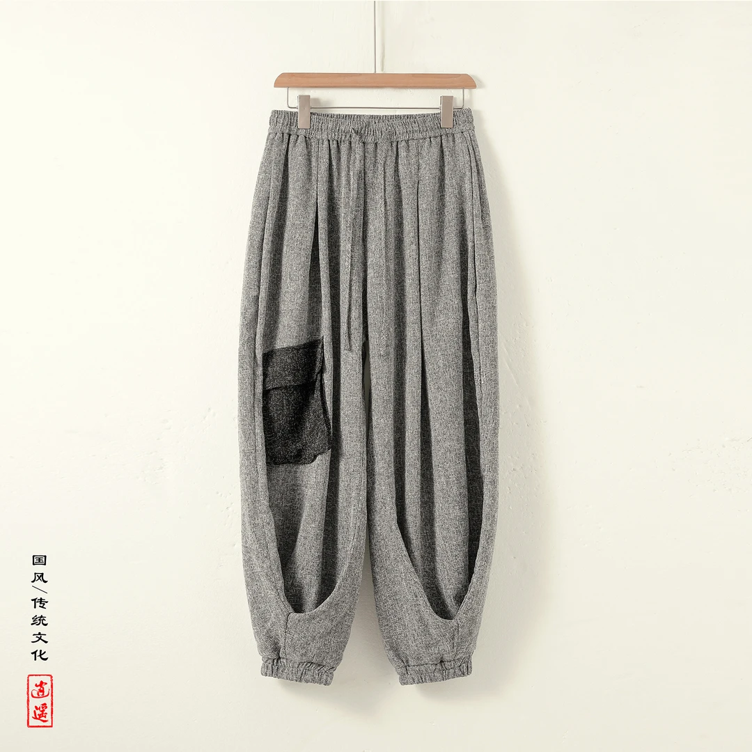 大口袋冰丝束脚九分裤男夏季新中式抽绳运动裤宽松潮牌休闲哈伦裤