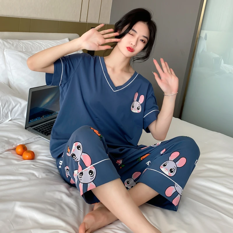春夏大码卡通睡衣韩版宽松胖mm短袖家居服卡通新款印花家居服套装