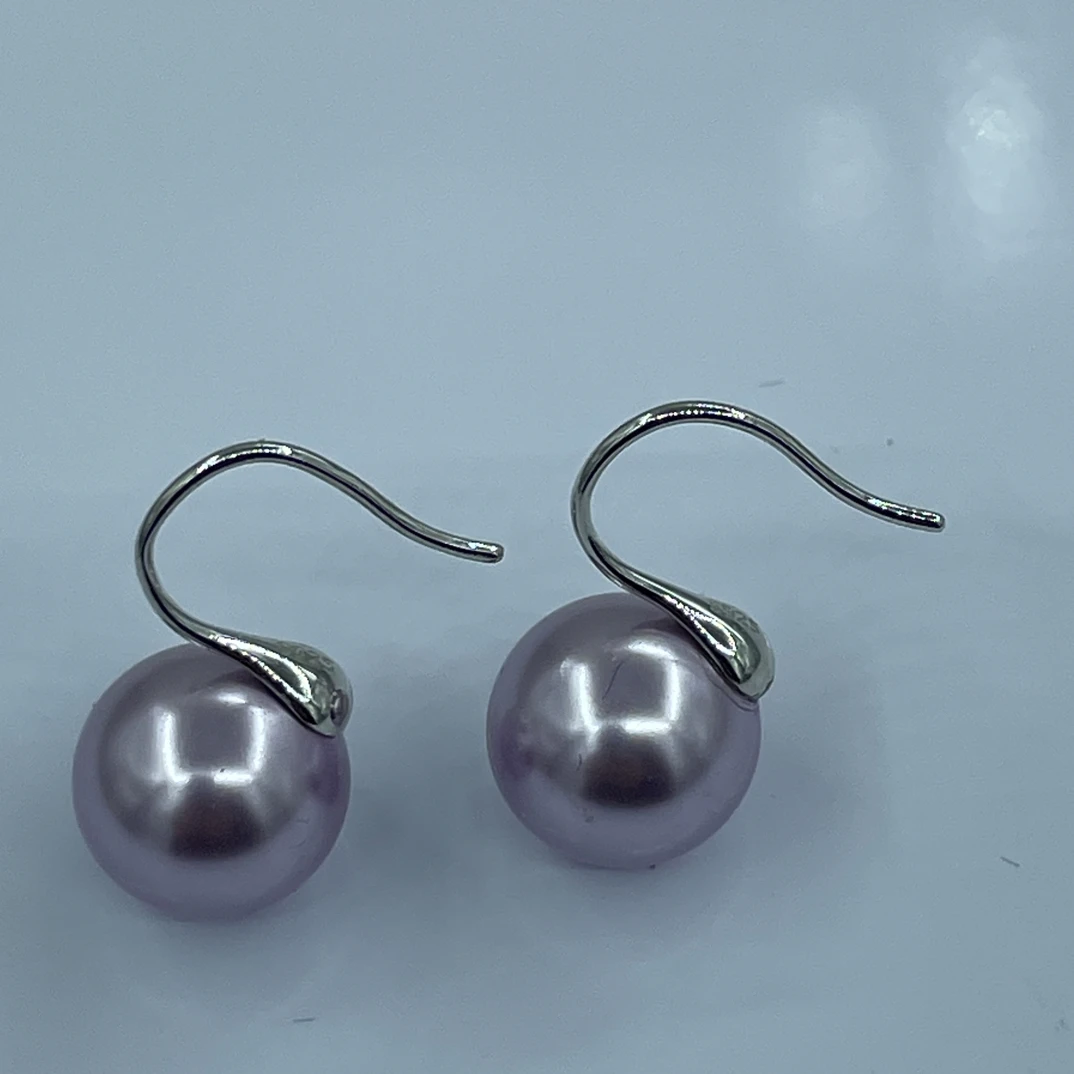 925银仿珍珠耳饰 12mm正圆珠耳钉，贝珠耳钉，紫色色简约强光经典