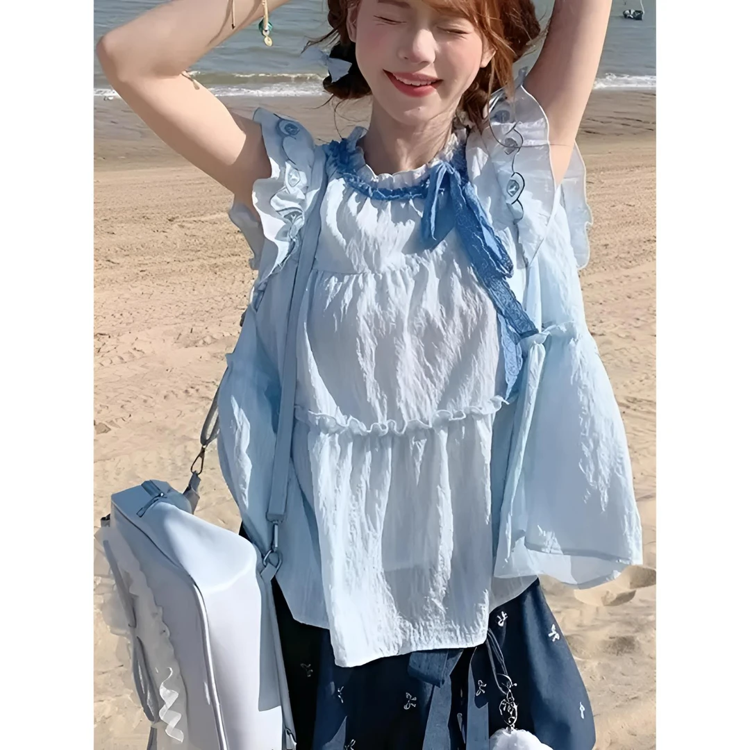 度假甜美可爱蝴蝶结飞飞袖上衣夏季新款蕾丝花苞裙小个子两件套