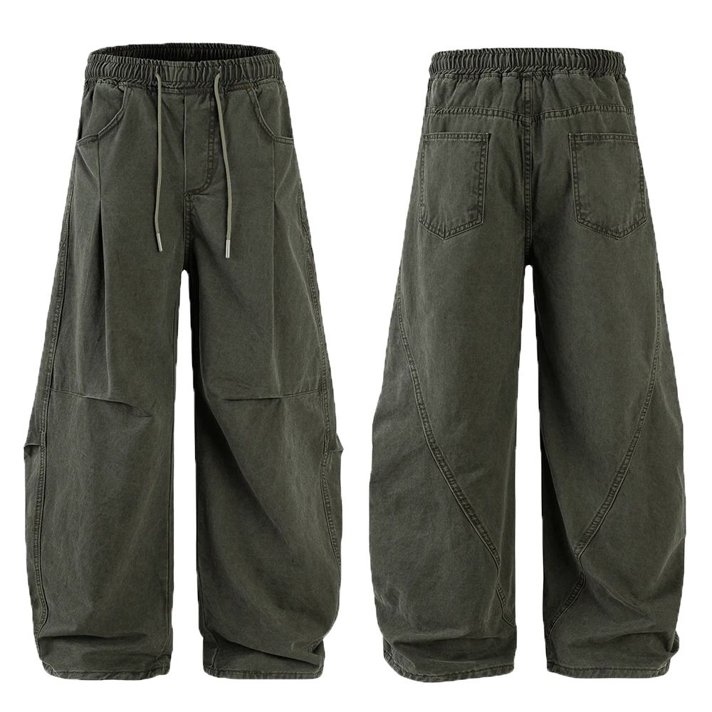 褶皱设计休闲裤秋季vintage纯棉百搭伞兵工装裤松紧腰直筒阔腿裤