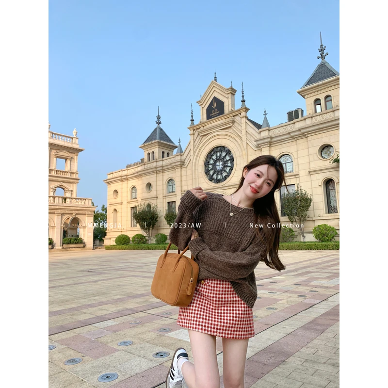 萌萌Ja」Micky红 甜美红格纹短裙时髦小香风高腰遮跨显瘦半身裙女