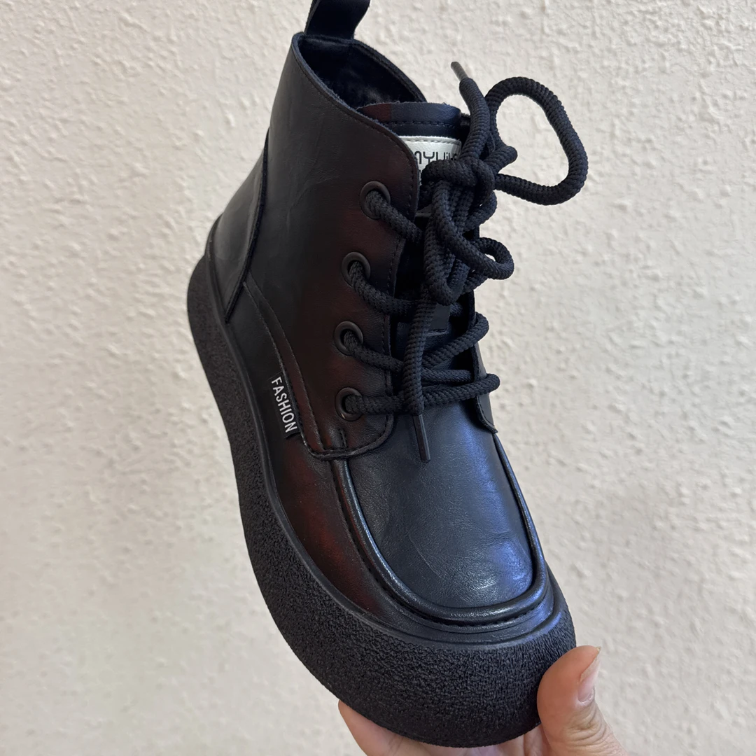 圆头前系带轻职风平跟粘胶短靴防水秋季防滑复古港风