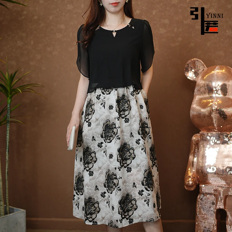 引匿(现货)A251假两件气质显瘦中长款中长优雅短袖连衣裙 2025夏