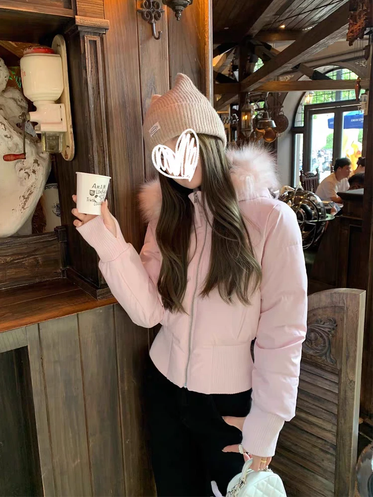 （真毛领羽绒服）大伊专属 90白鸭绒短款貉子真毛领显瘦羽绒服